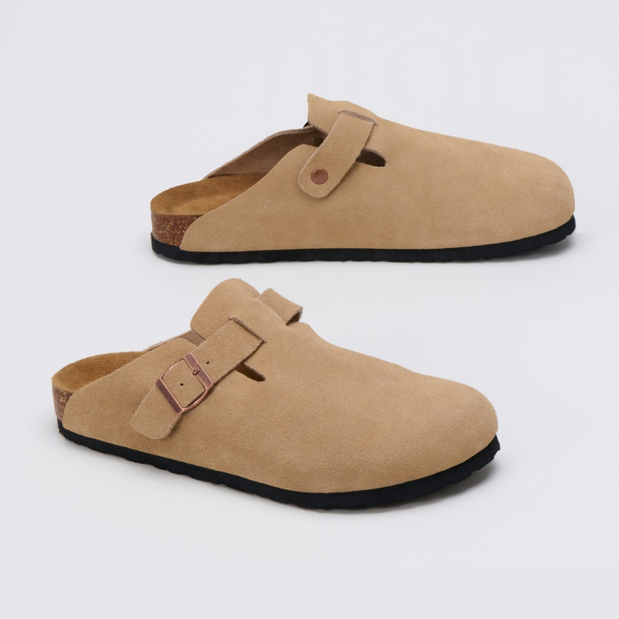 The Premium Suede Clog in Camel, pair