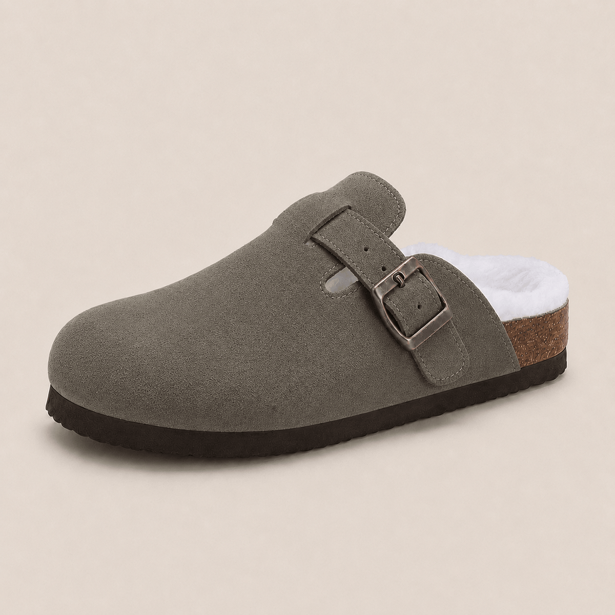 The Faux Fur-Lined Suede Clog in Army Green