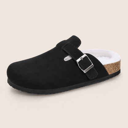 The Faux Fur-Lined Suede Clog in Black