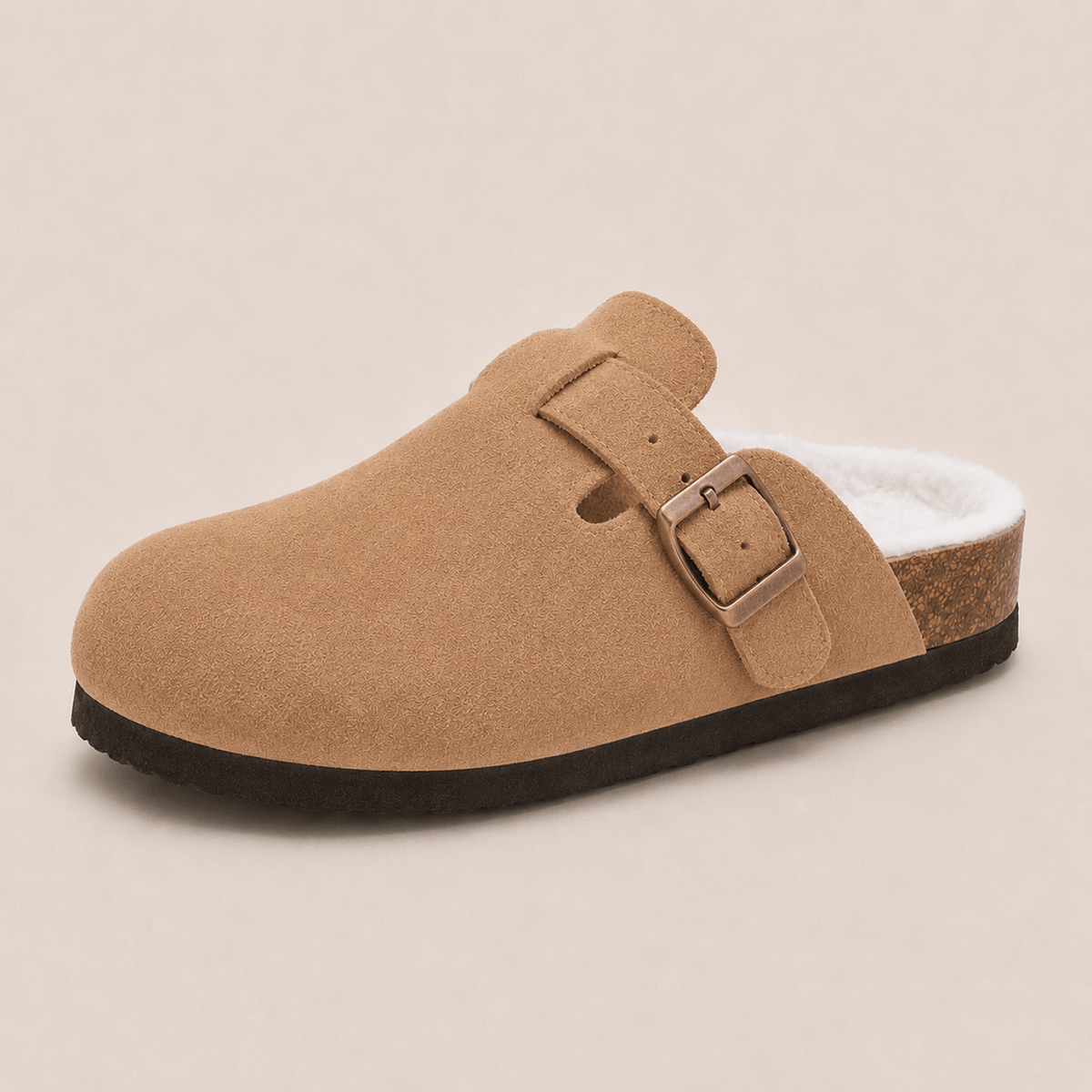 The Faux Fur-Lined Suede Clog in Brown