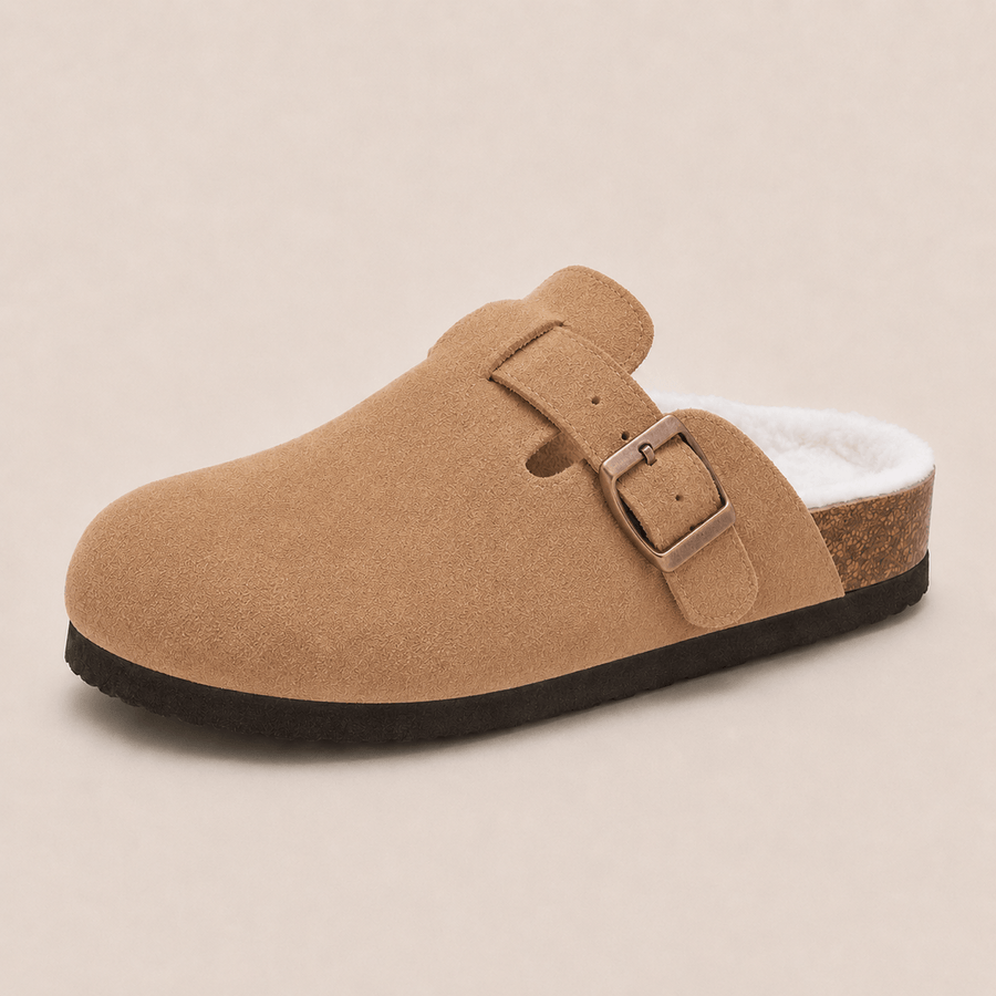 The Faux Fur-Lined Suede Clog in Brown