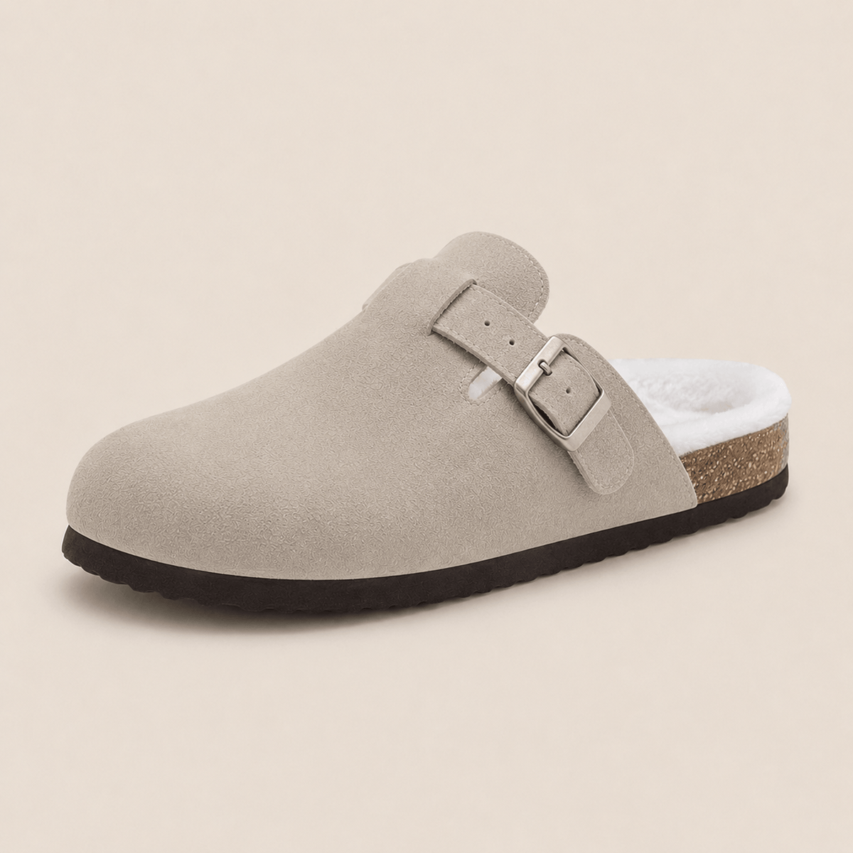 The Faux Fur-Lined Suede Clog in Grey