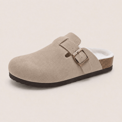 The Faux Fur-Lined Suede Clog in Taupe